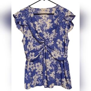 127. PLEIONE | Blue and White Floral Ruffled Blouse SIZE XL